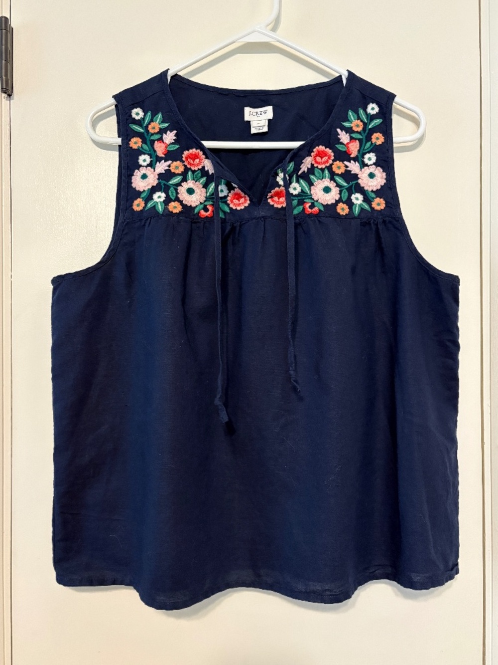 J. Crew Women's Linen-Blend Sleeveless Embroidered Tie-Neck Shirt Top XL Navy